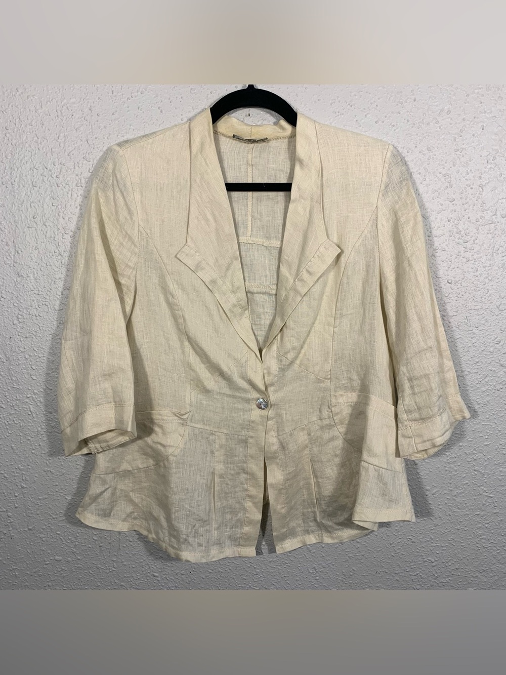 SAGA Made in Italy 100% Linen Khaki Peplum 3/4 Sleeve One Button Blazer